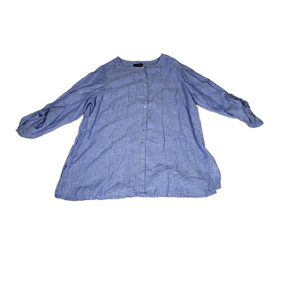 Tahari Tops - Tahari Linen Blouse Womens Plus Size 1X Top Blue Rolled Cuff Sleeve Cottagecore